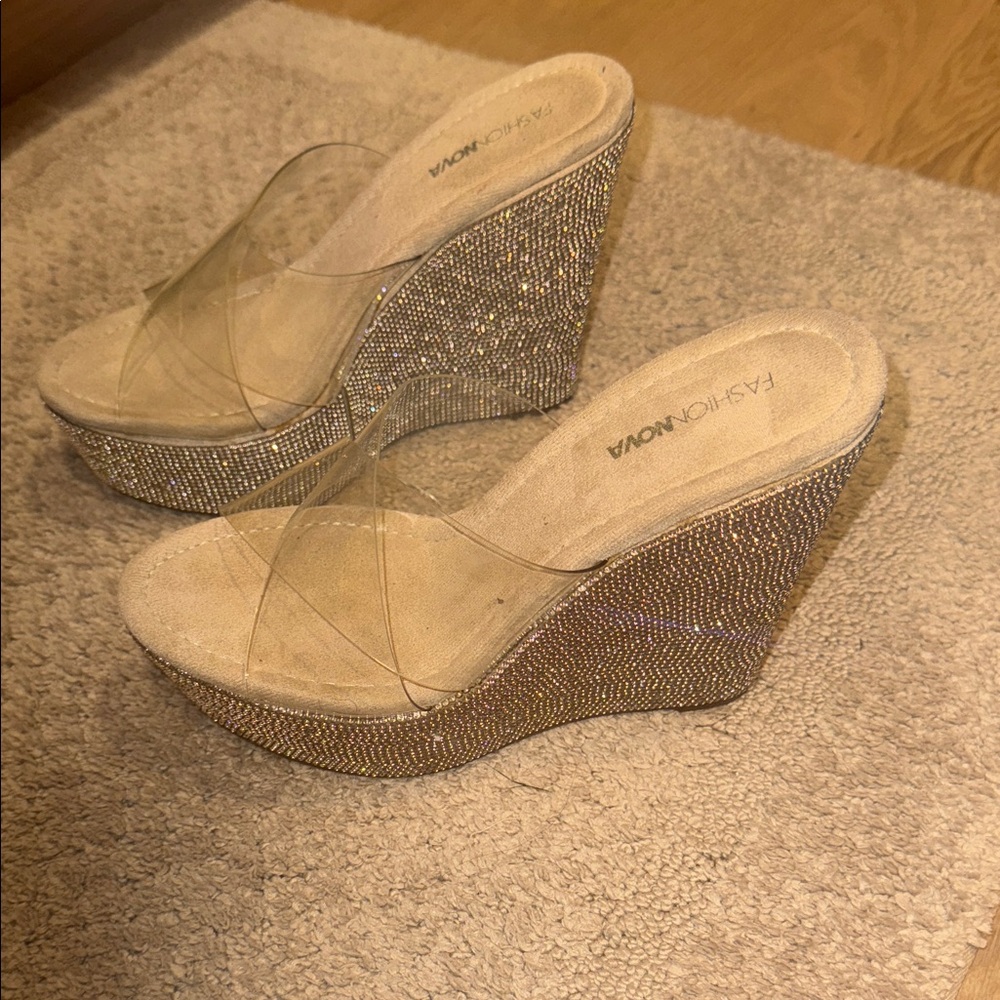 Fashion Nova Nude Crystal-Embellished Clear Strap Wedges